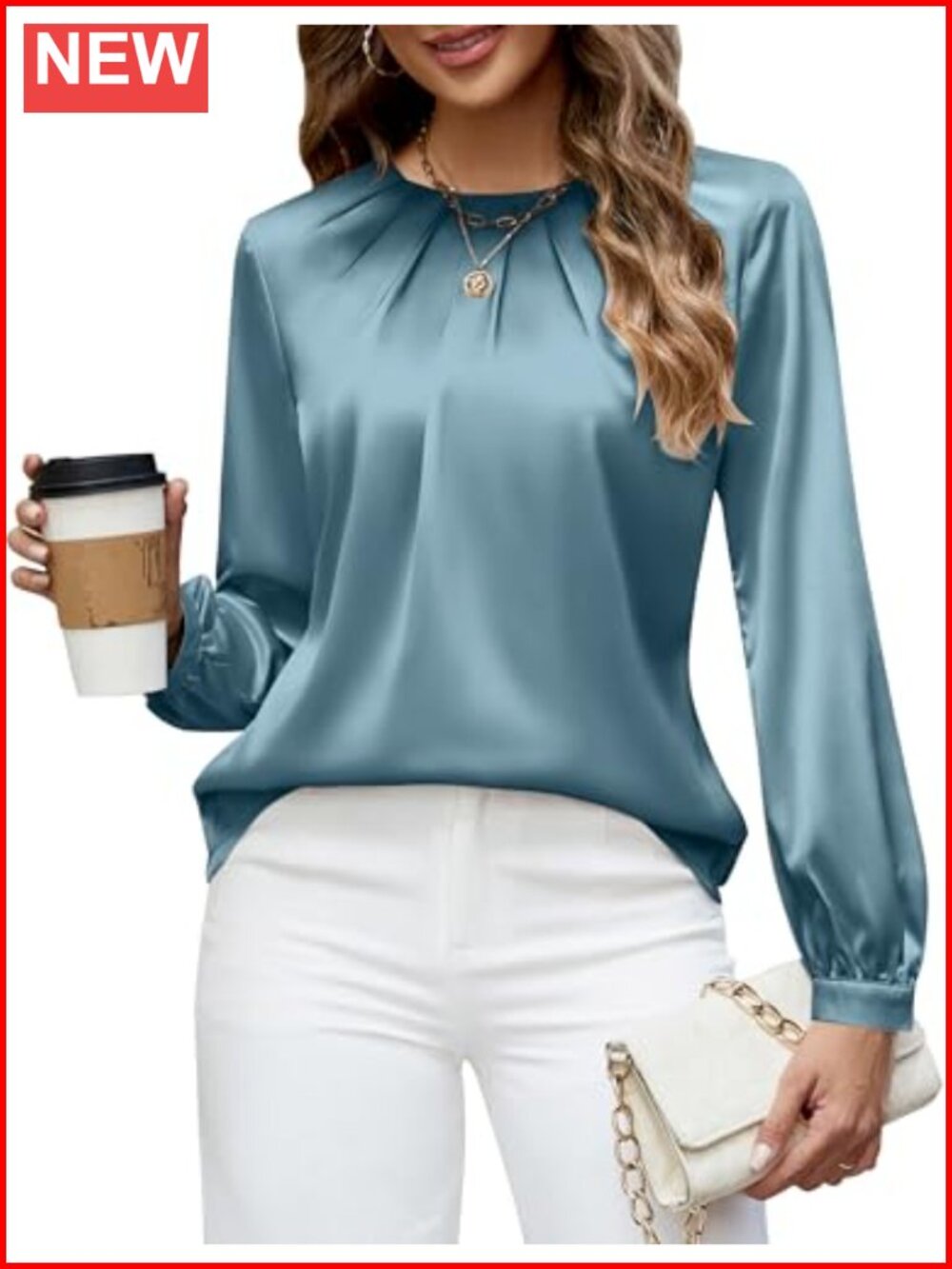 Satin Silk Pleated Blouse Dressy Casual Long Sleeve Work Shirt Women